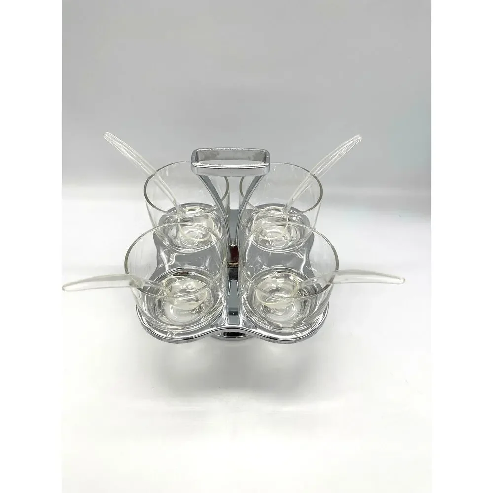 Vintage Mid Century Milbern Chrome & Wood Condiment Caddy 4 Glasses & Spoons